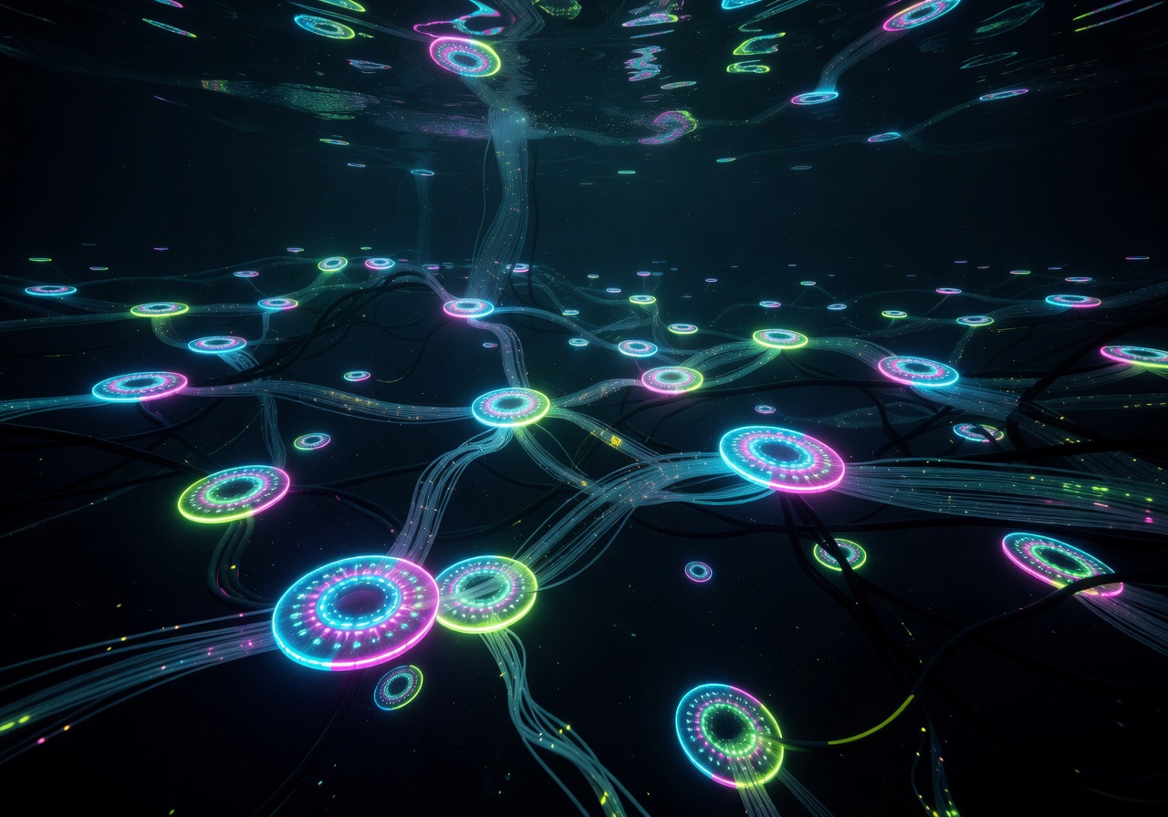 Beautiful glowing circular neon patterns resembling active digital cookies navigating a deep ocean network
