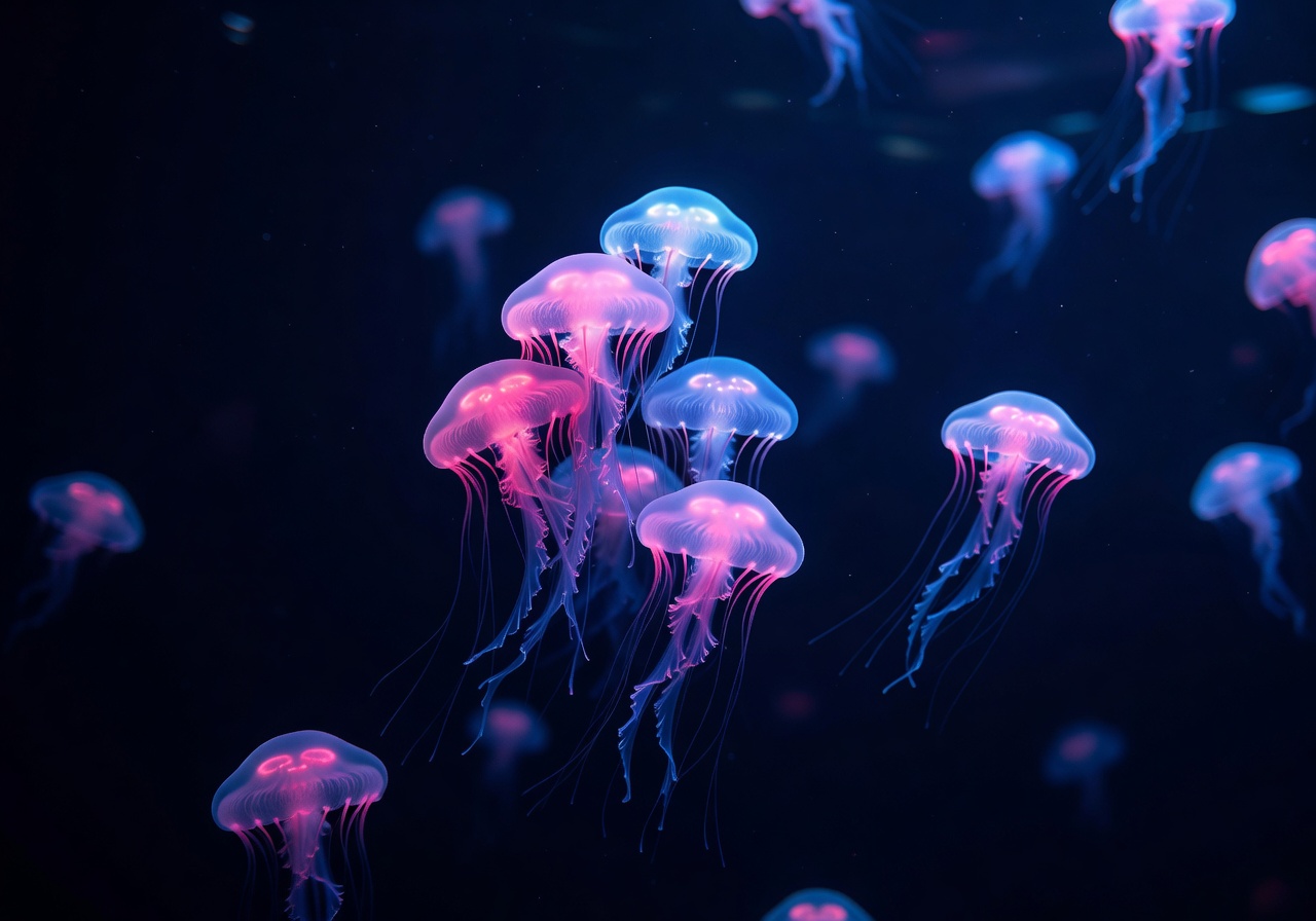 Deep sea jellyfishes glowing with bright neon pink and blue light in a dark blue water environment