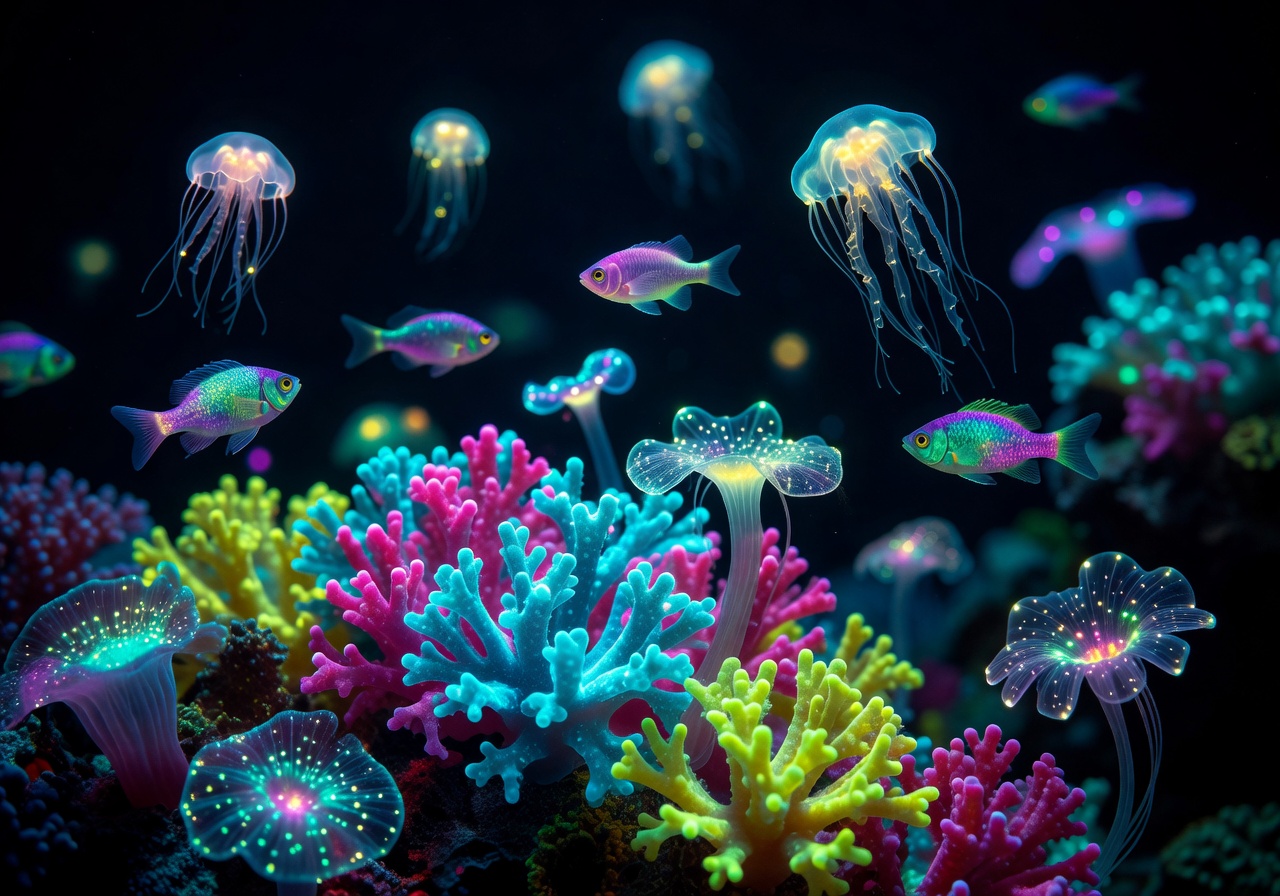 Exotic glowing marine life floating inside a neon bioluminescent coral reef environment