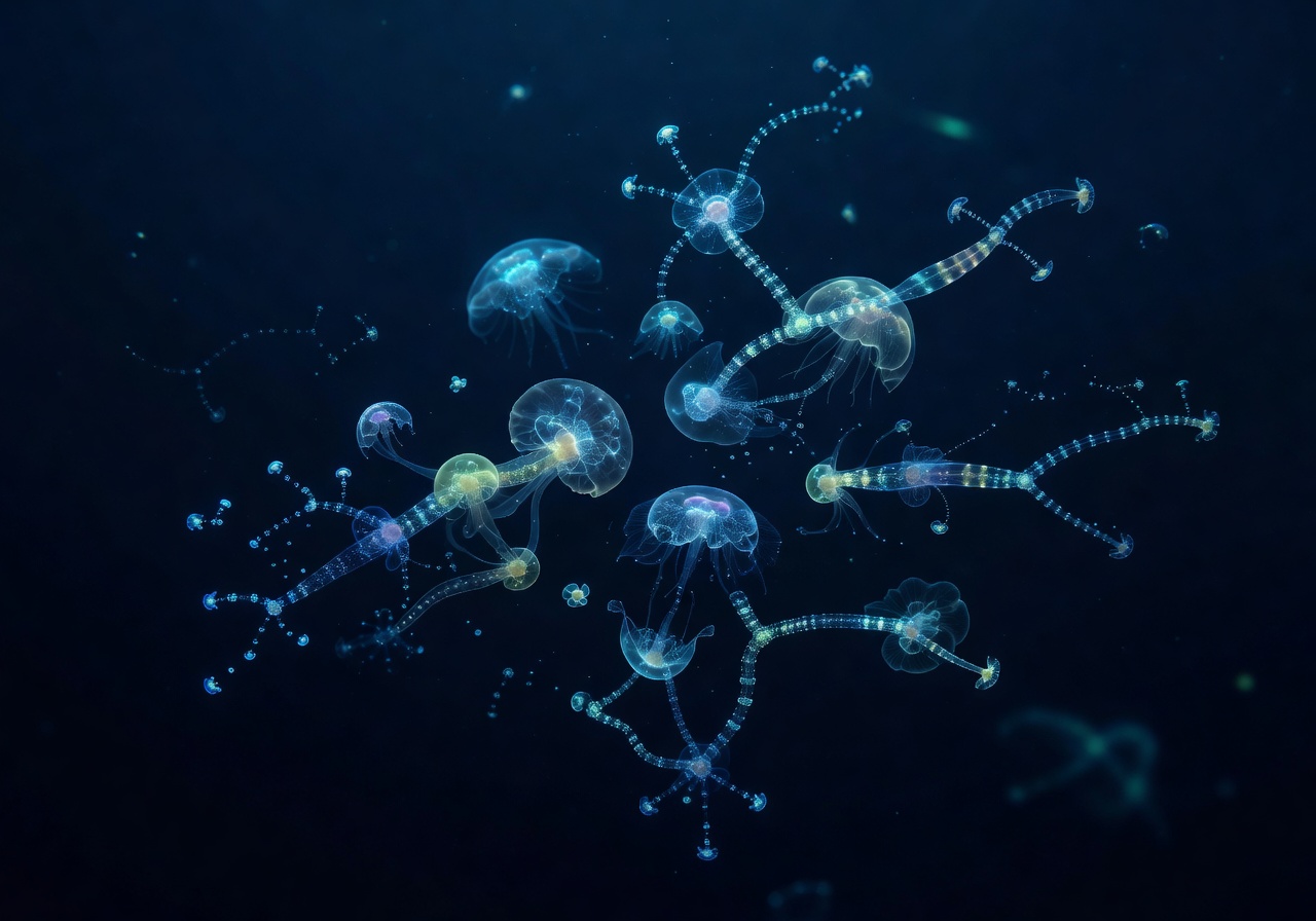 Mysterious bioluminescent creatures glowing softly in deep blue marine water representing encrypted data privacy