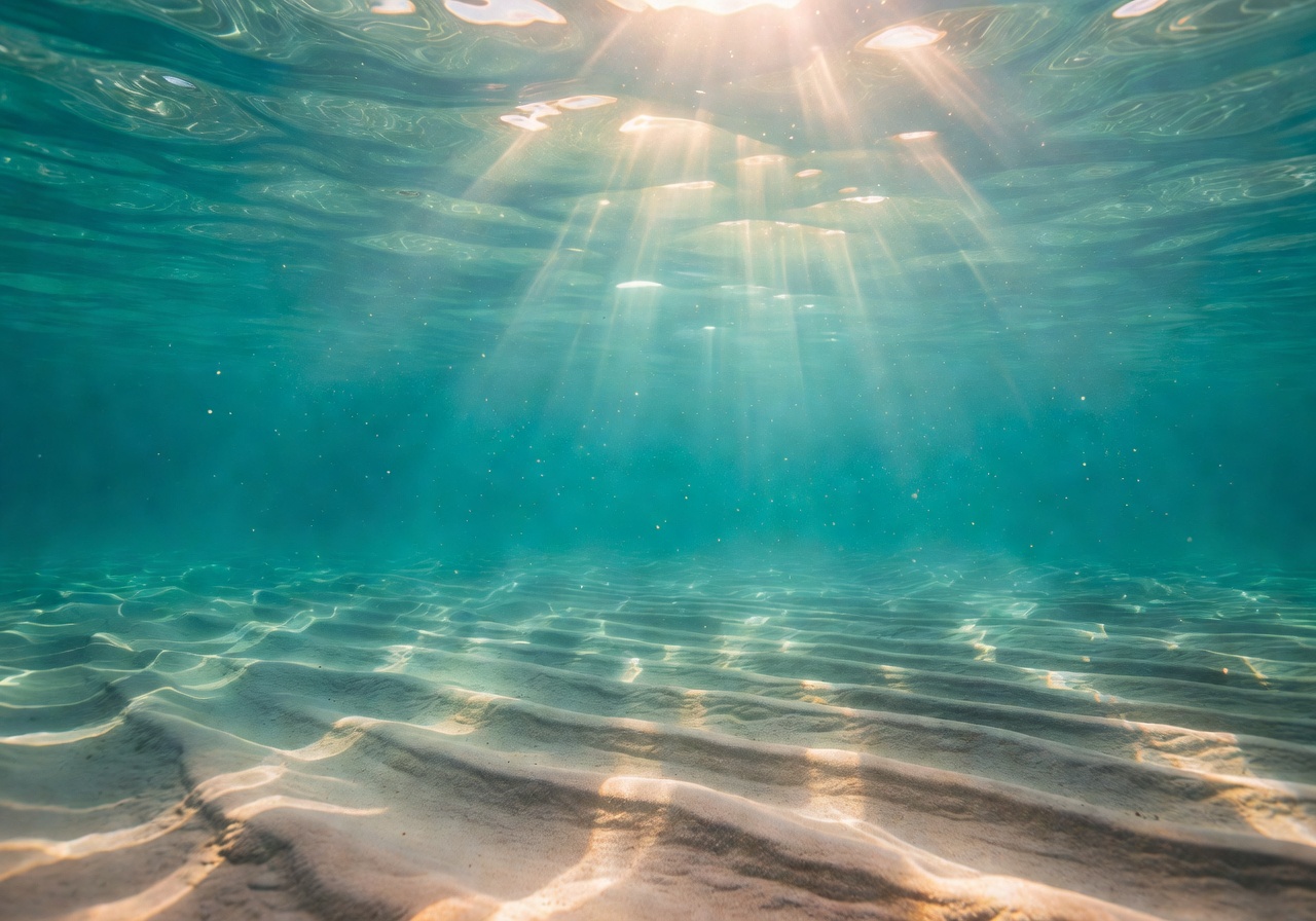 Sunlight filtering down into deep crystal clear turquoise ocean water over sand ridges